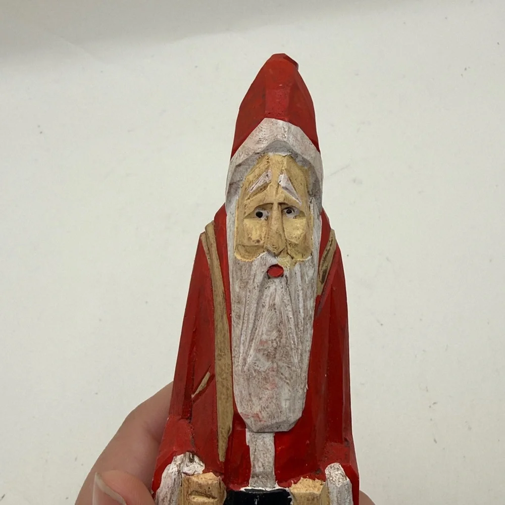 Vintage Carved Painted Wooden Santa Claus Figurine Decor Collectible Folk Art